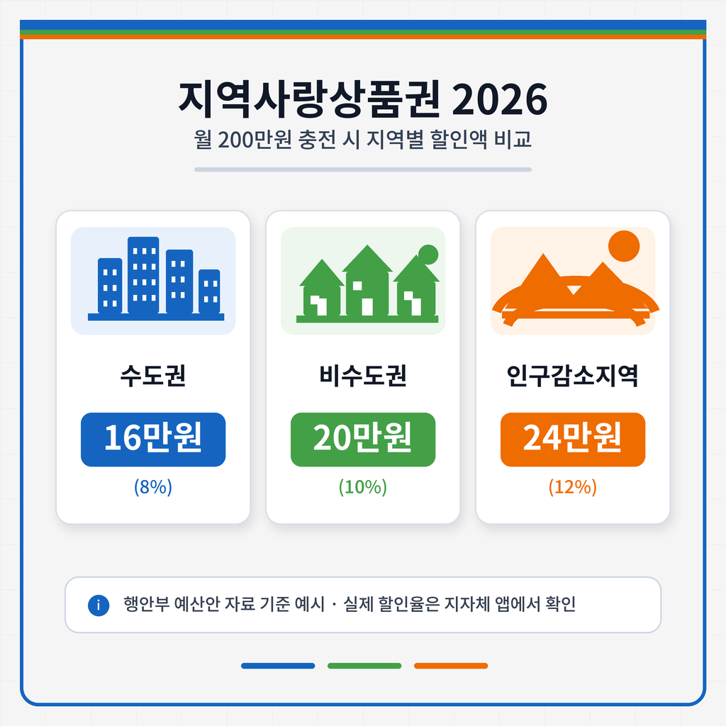 지역사랑상품권 2026 월 200만원 충전 시 지역별 할인액 비교