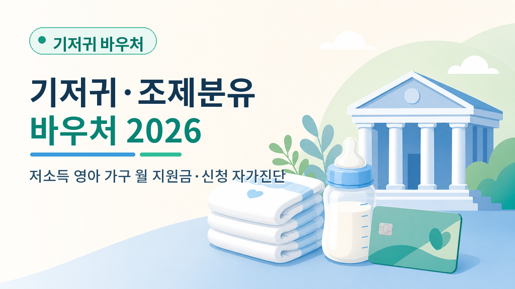 주민센터 창구에서 기저귀 바우처 신청을 안내받는 부모와 국민행복카드 이미지
